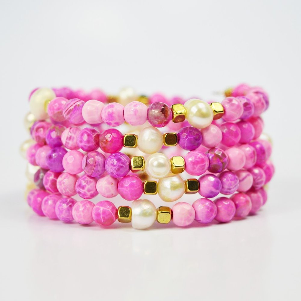 Freshwater Pearl Agate Memory Wire Beaded Bracelet